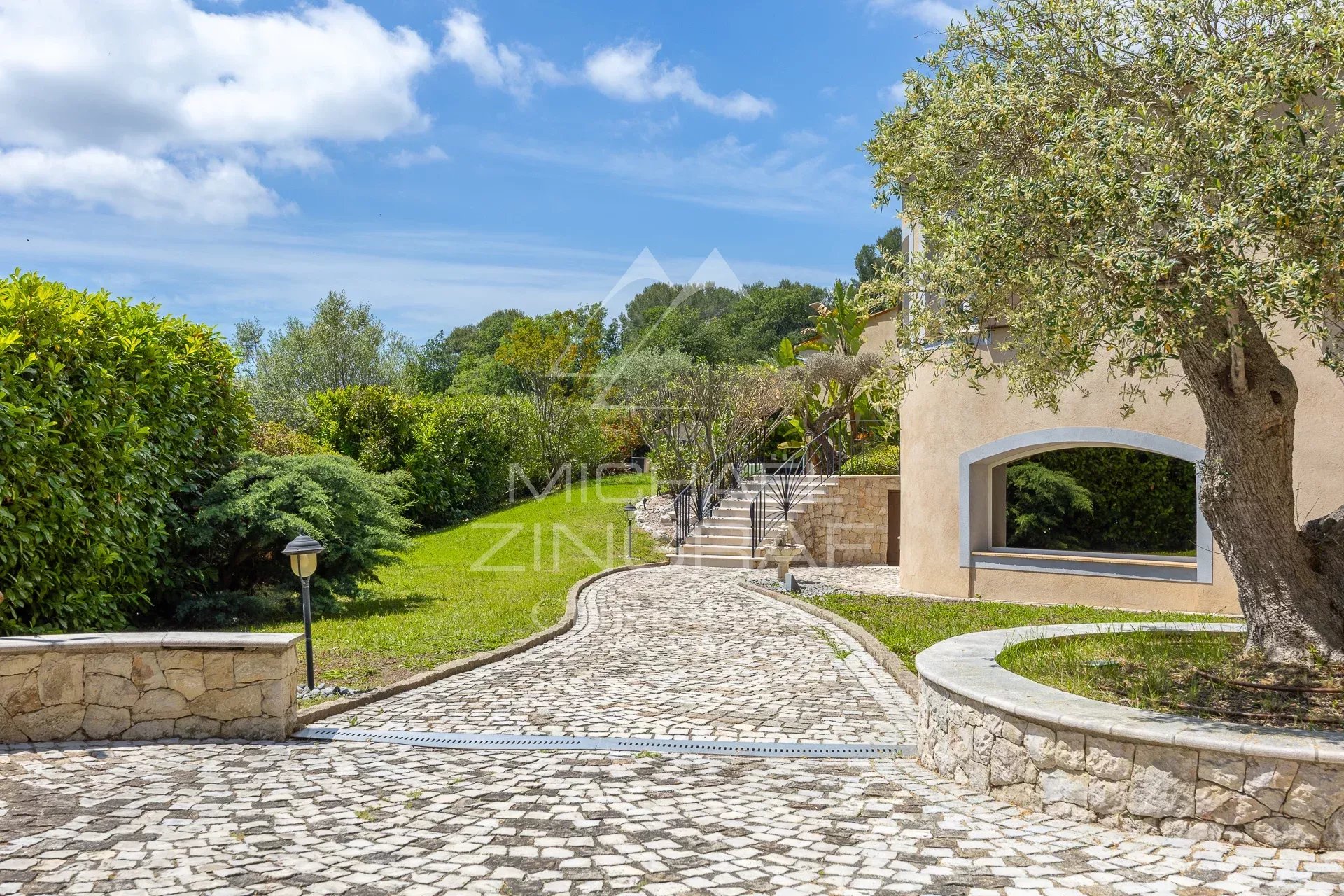Driveway leading to a villa with a green garden and trees