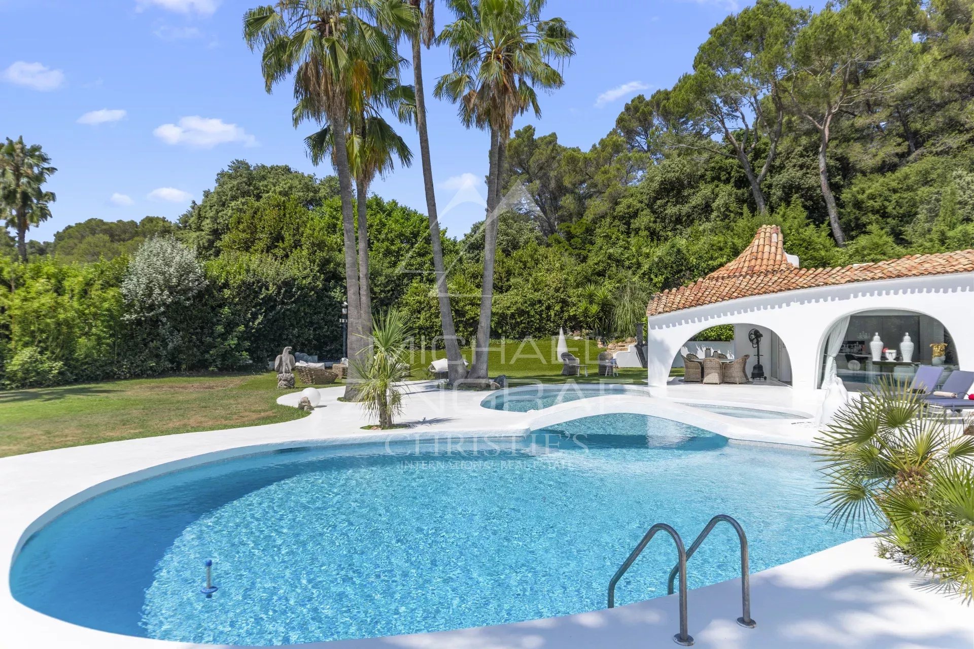 Outdoor pool with a curved blue-tiled edge, white deck, and palm trees in a sunny garden setting