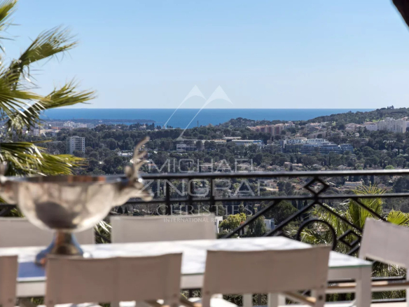 Terrace with a white dining table and chairs, palm fronds on the left, railing, and a panoramic view of the sea and coastline beyond.
