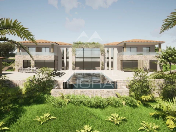 Contemporary country house with swimming pool and garden in Mougins, overlooking hills and sea.
