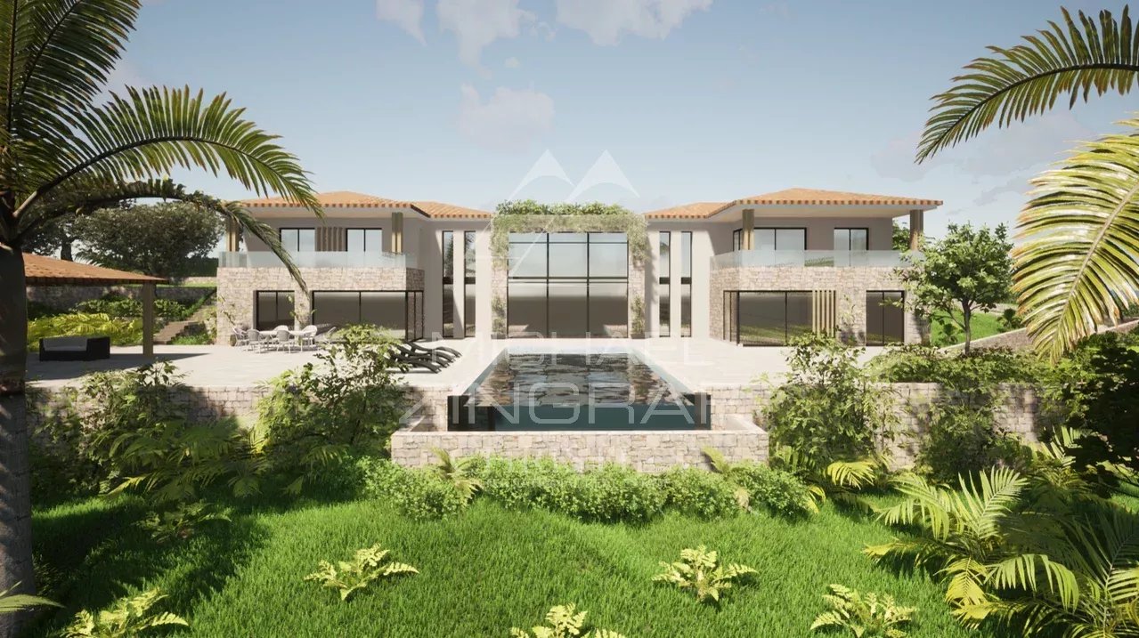 Contemporary country house with swimming pool and garden in Mougins, overlooking hills and sea.