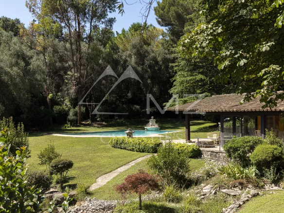 Vue du parc paysager avec piscine et oliveraie à Mougins