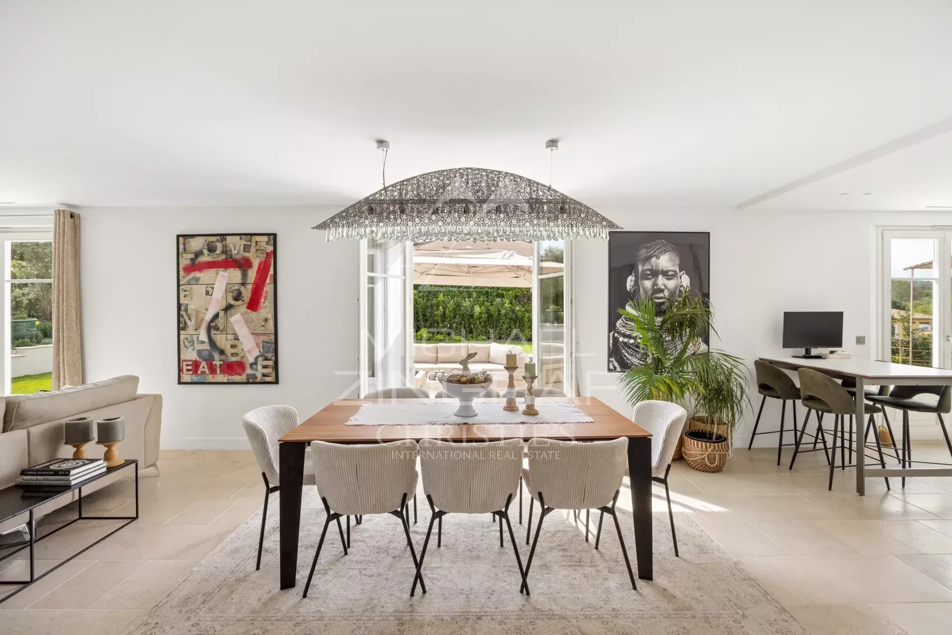 Dining room of a renovated villa in Mougins Interior of a renovated villa with elegant dining room and modern decor in Mougins.