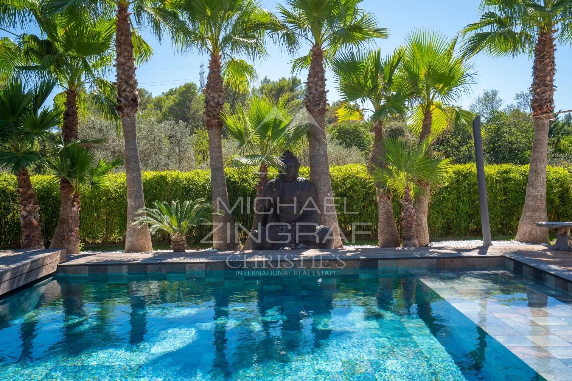 Piscine entourée de palmiers dans une villa contemporaine à Draguignan.