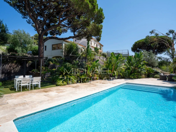 View of a villa with swimming pool and garden in Sainte-Maxime under a sunny sky.