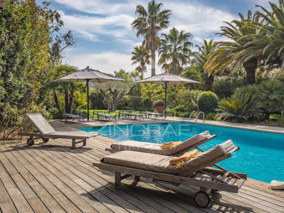 Swimming pool surrounded by palm trees and wooden sun loungers in a Provençal property in Saint-Tropez.