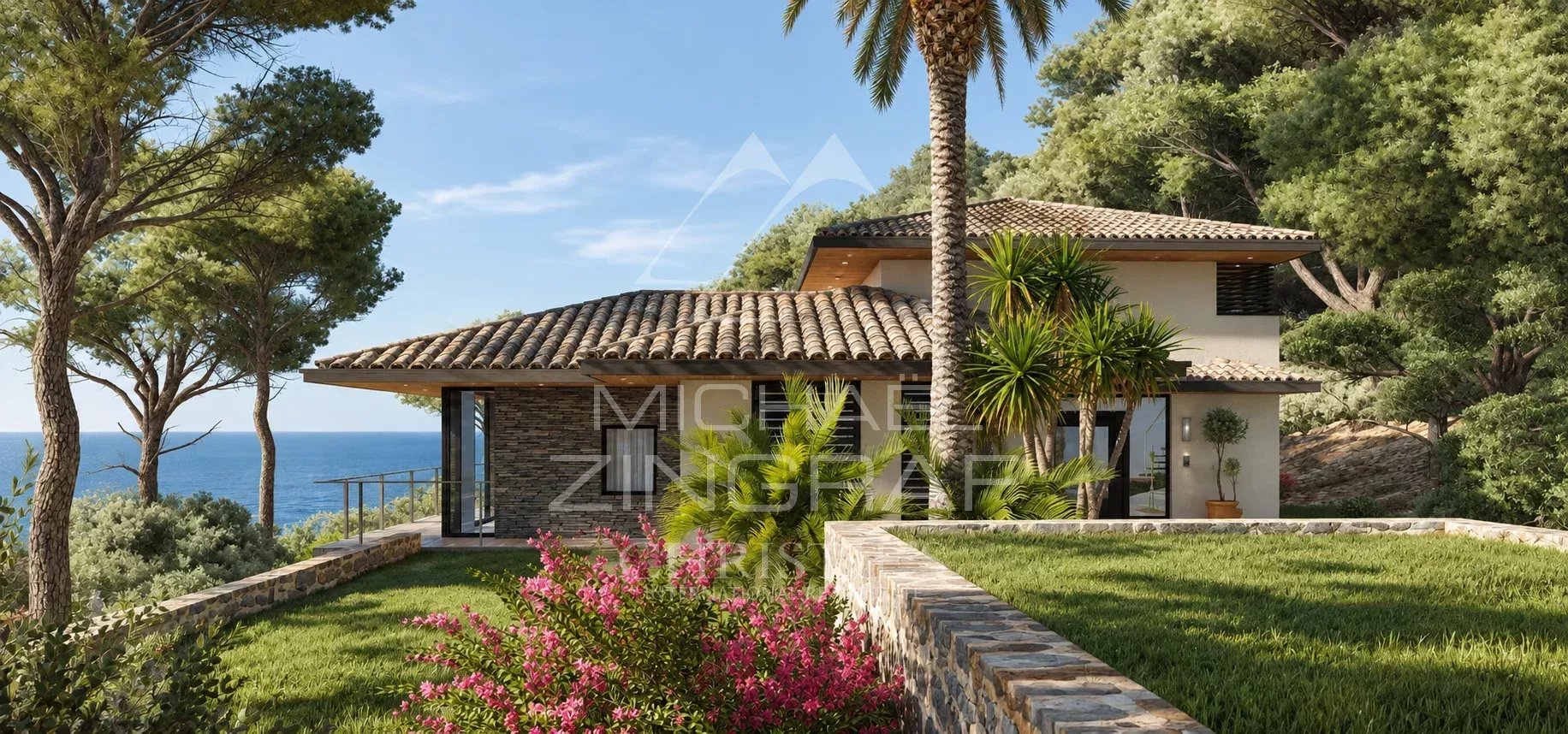 Propriété au Lavandou Maison moderne avec vue sur la mer, entourée de verdure et de fleurs au Lavandou.