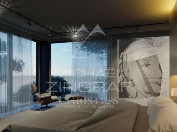Chambre moderne avec vue panoramique, lit et décoration minimaliste.