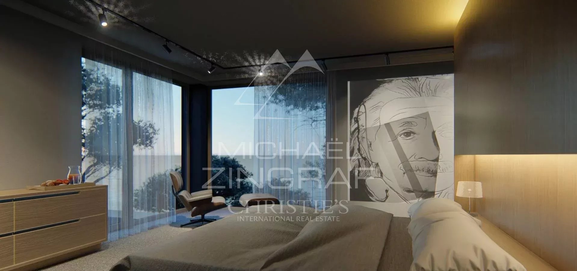 Chambre avec vue au Lavandou Chambre moderne avec vue panoramique, lit et décoration minimaliste.