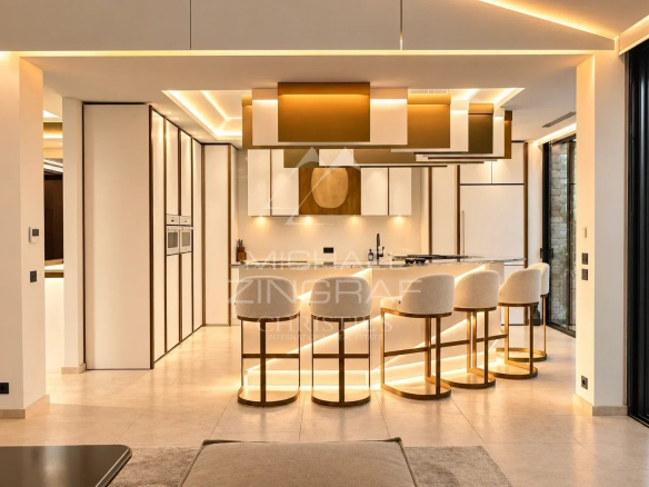 Modern interior of a villa with fitted kitchen and bar, warm lighting