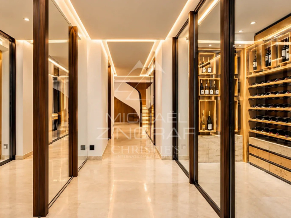 Modern interior of a villa with a bright hallway and wooden storage.