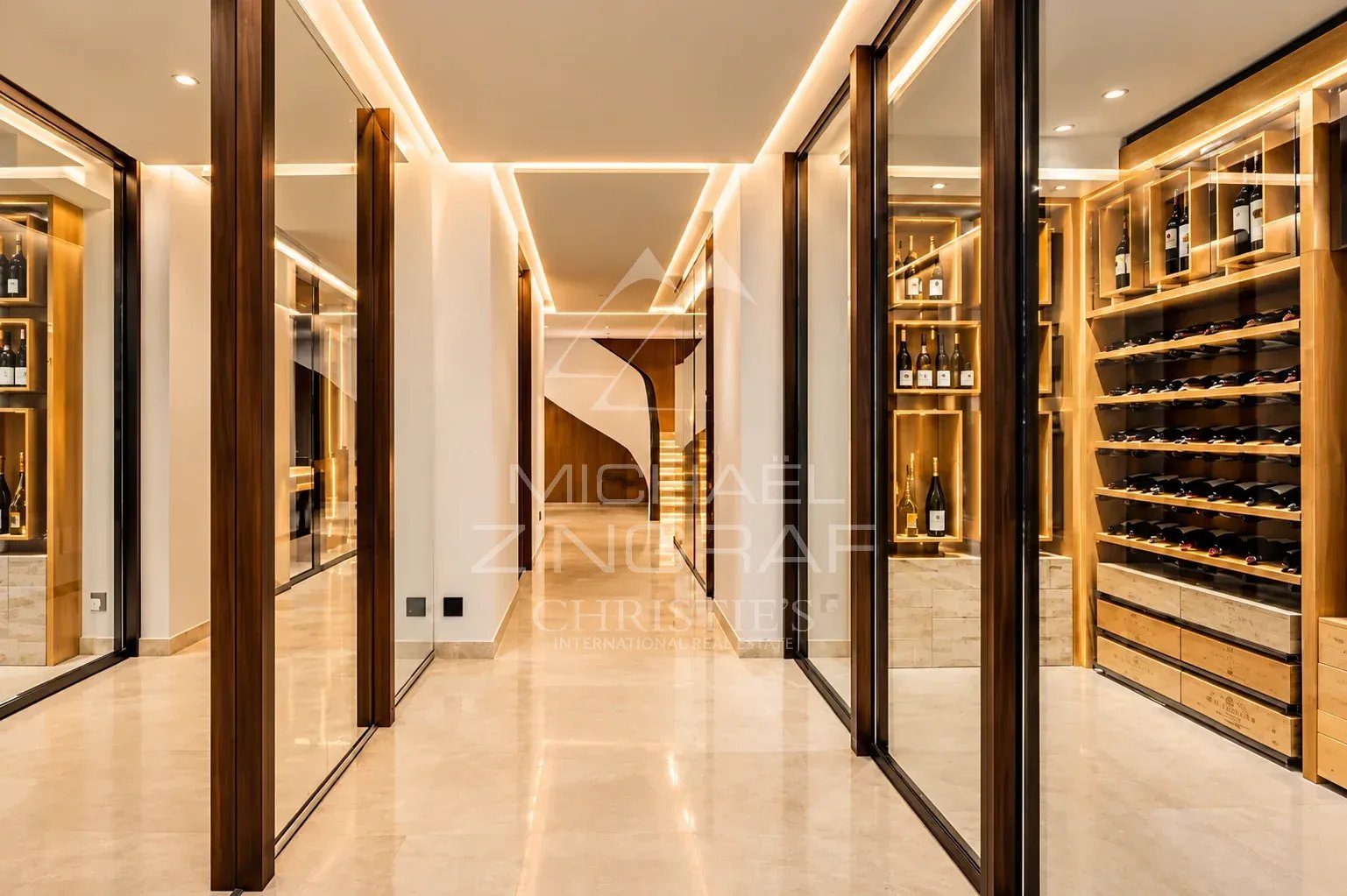 Modern interior of a villa with a bright hallway and wooden storage.