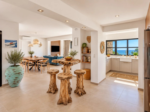 Intérieur d'une villa moderne avec vue sur la mer, mobilier en bois et décoration lumineuse.