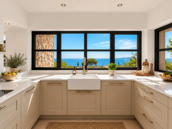 Cuisine moderne avec vue panoramique sur la mer, fenêtres noires et décor épuré.