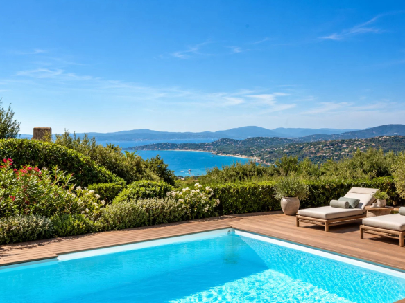 Vue panoramique sur la mer depuis une villa avec piscine aux Issambres.