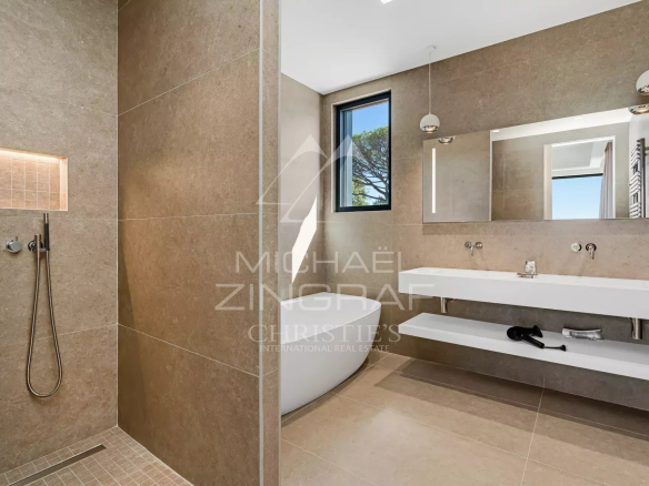 Modern bathroom with shower and bathtub, natural lighting
