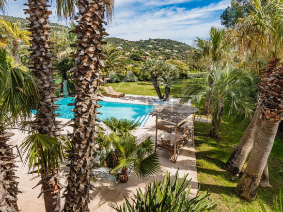 Vue d'une villa avec piscine entourée de palmiers à Grimaud, Golfe de Saint-Tropez.