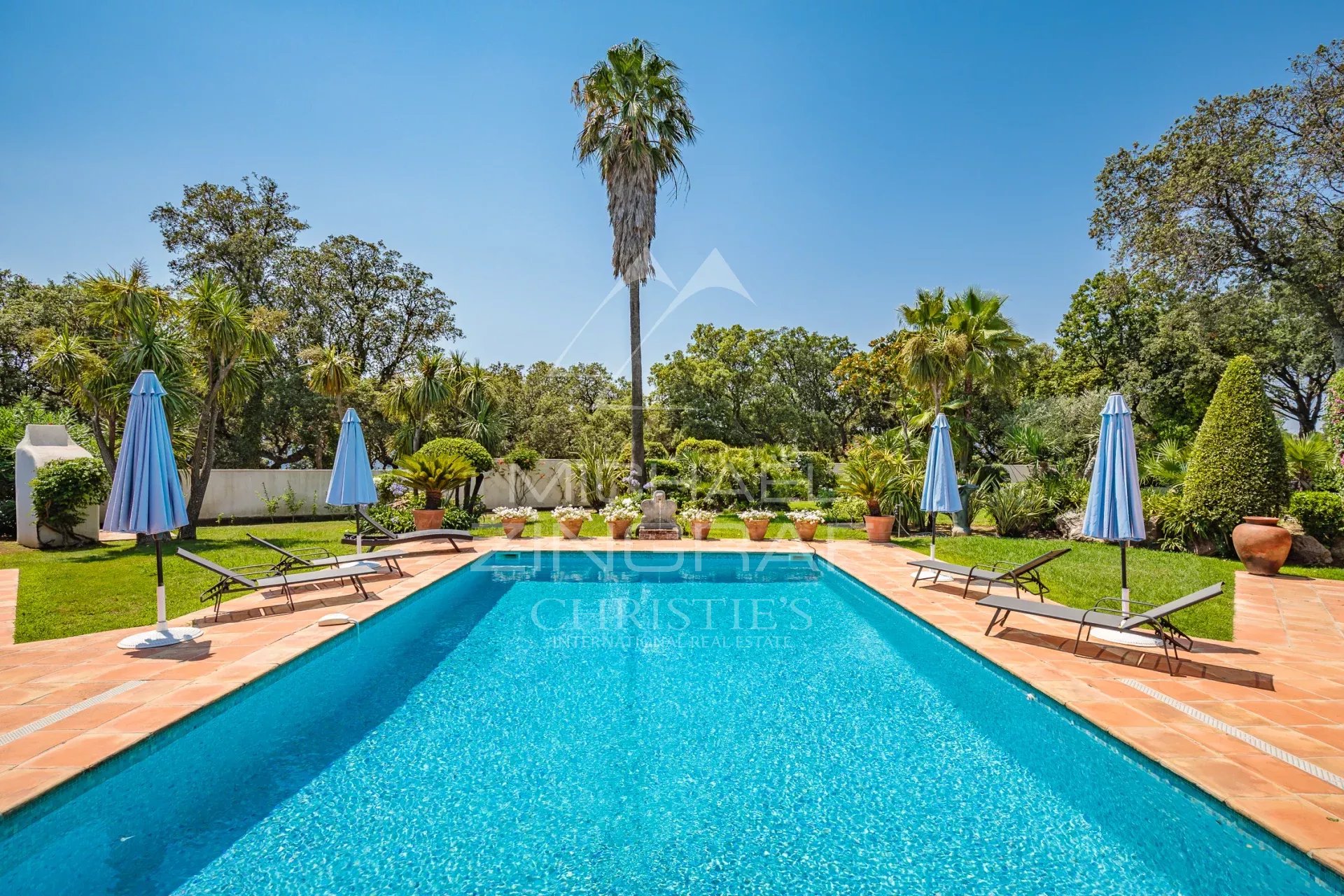 Swimming pool in a landscaped garden View of a swimming pool surrounded by sun loungers and palm trees in a landscaped garden.