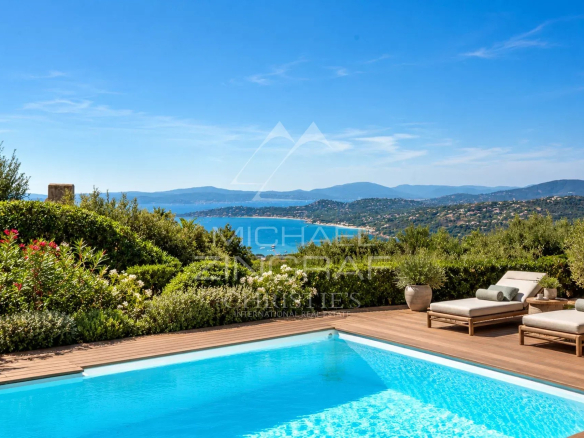 Panoramic sea view from a villa with pool and sun loungers in Les Issambres.