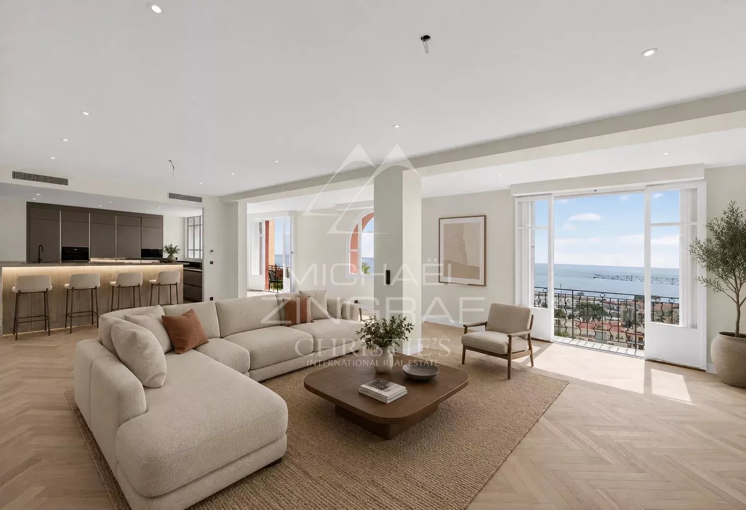 Appartement d’exception à Beaulieu-sur-Mer Intérieur d'un appartement moderne à Beaulieu-sur-Mer avec vue mer, séjour lumineux et baies vitrées.