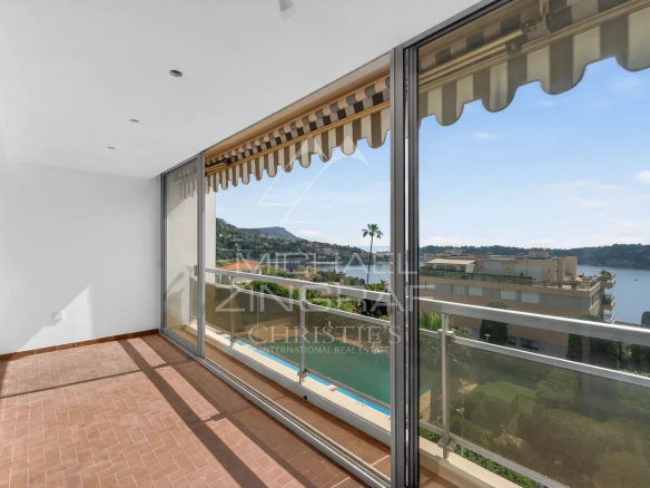 Interior of a renovated apartment in Villefranche-sur-Mer with sea view.