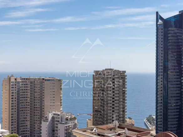 Vue depuis un appartement à Beausoleil avec mer en arrière-plan et immeubles modernes.