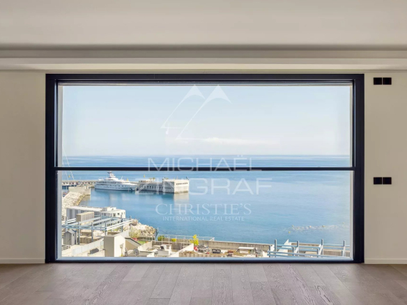 Vue depuis un penthouse à Cap d'Ail, montrant la mer et le port.