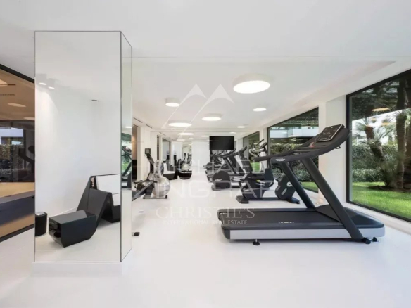 Modern gym with equipment in Cap d'Ail, large windows and natural light.