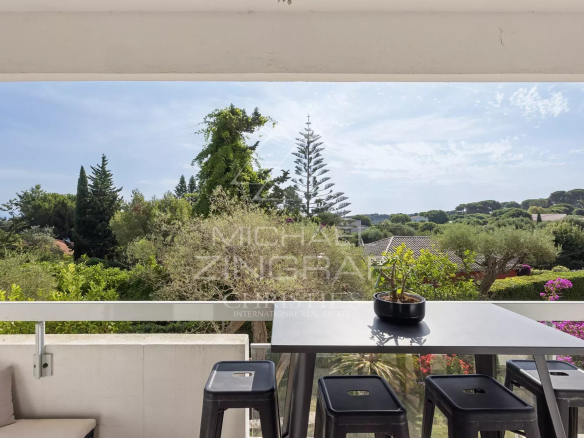 View from a balcony of an apartment in Cap d'Antibes, with a wooded park and houses in the background.