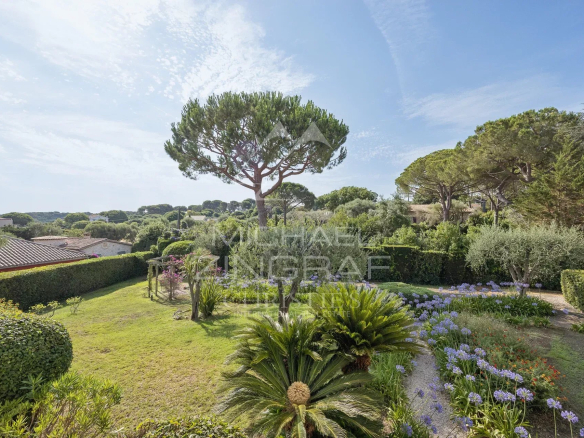 View of a wooded garden with flowers and trees at Cap d'Antibes.