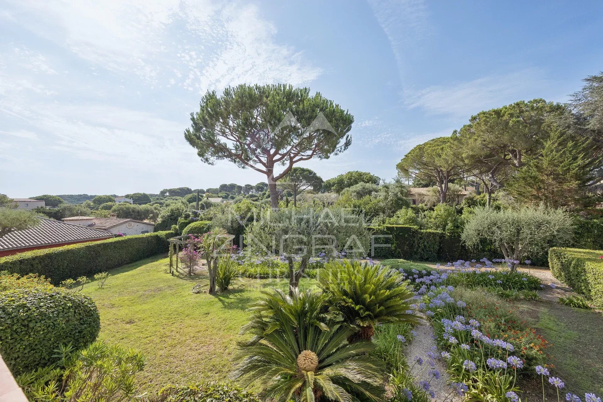 Garden at Cap d'Antibes View of a wooded garden with flowers and trees at Cap d'Antibes.