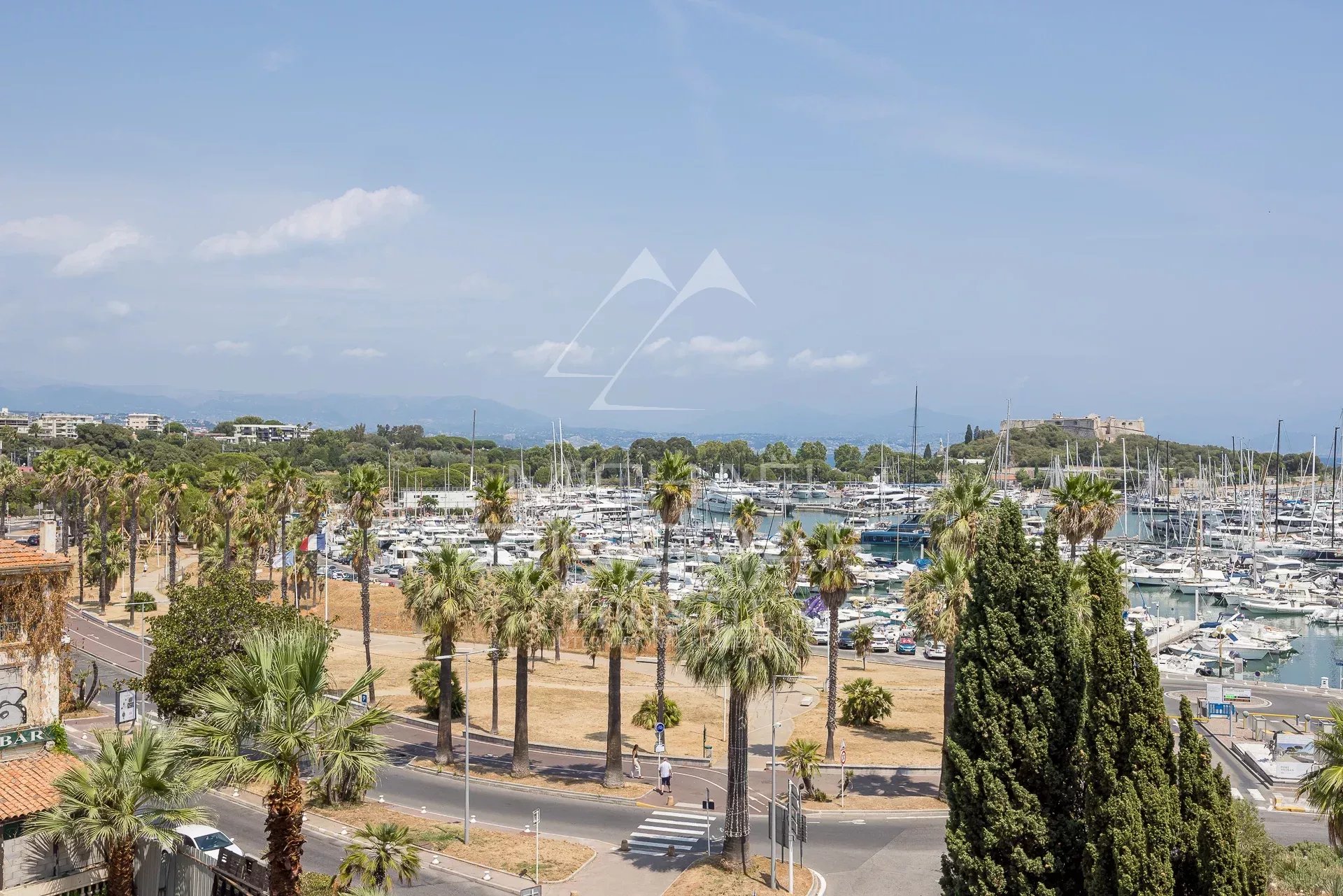 Vue dégagée sur le port d'Antibes avec des palmiers et des bateaux.