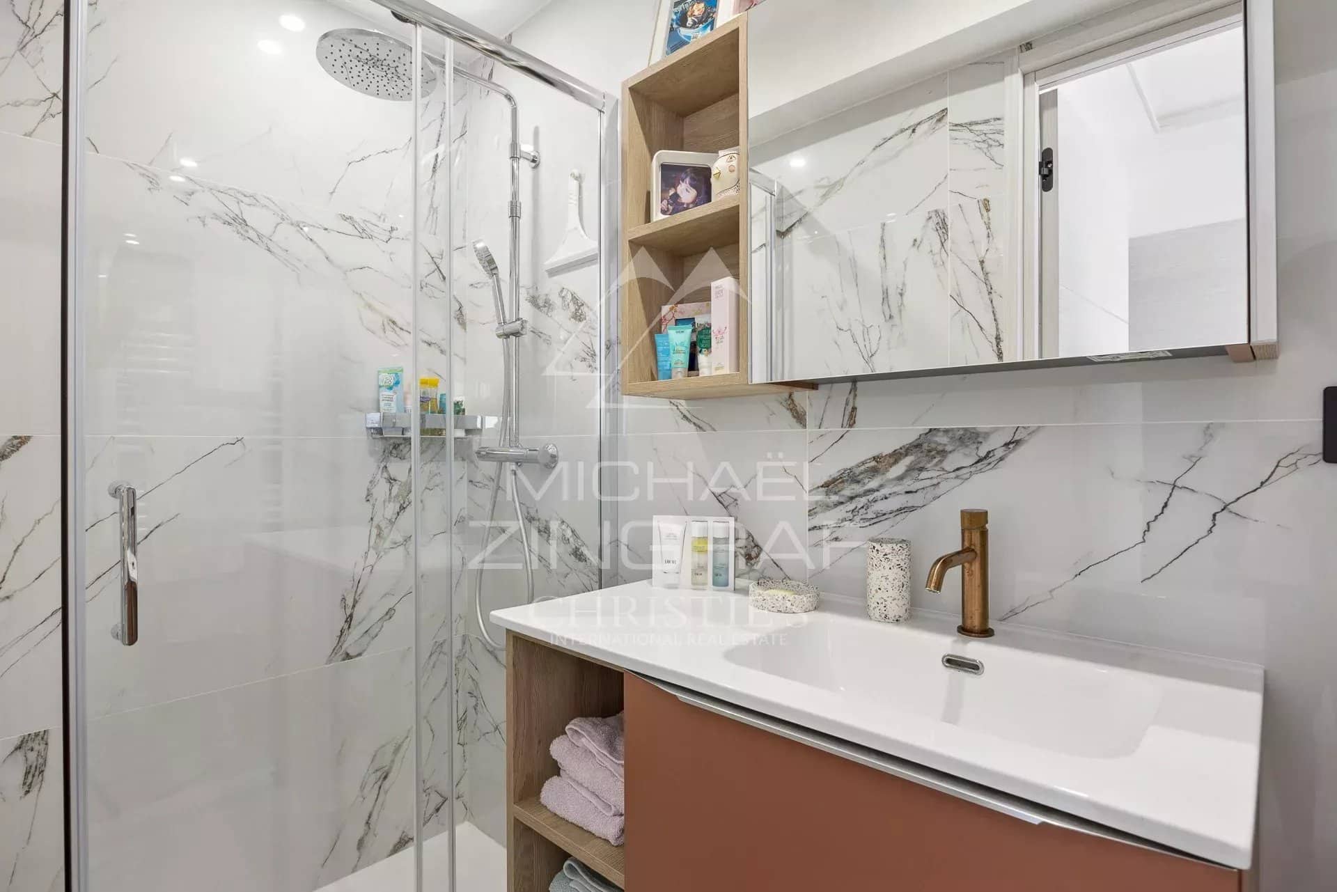 Salle de bain moderne avec douche en verre et meuble vasque, appartement rénové à Antibes.
