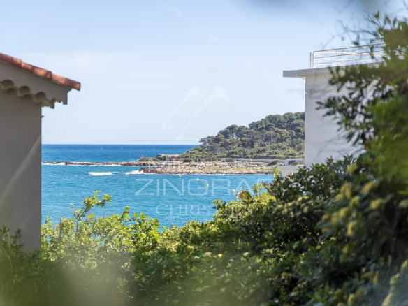 Vue de la mer depuis une villa rénovée à Cap d'Antibes, entourée de verdure.