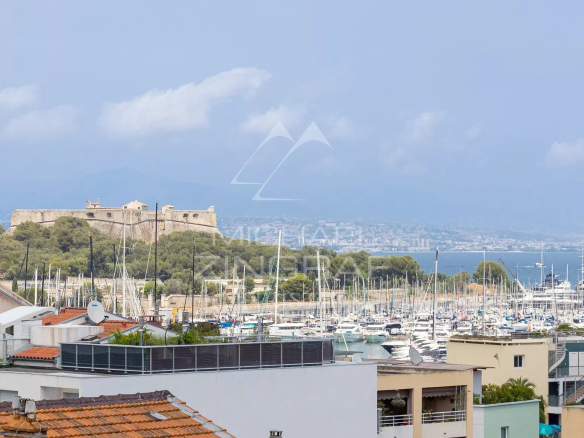 Vue panoramique sur le port et la forteresse à Antibes, avec des bateaux amarrés au port.