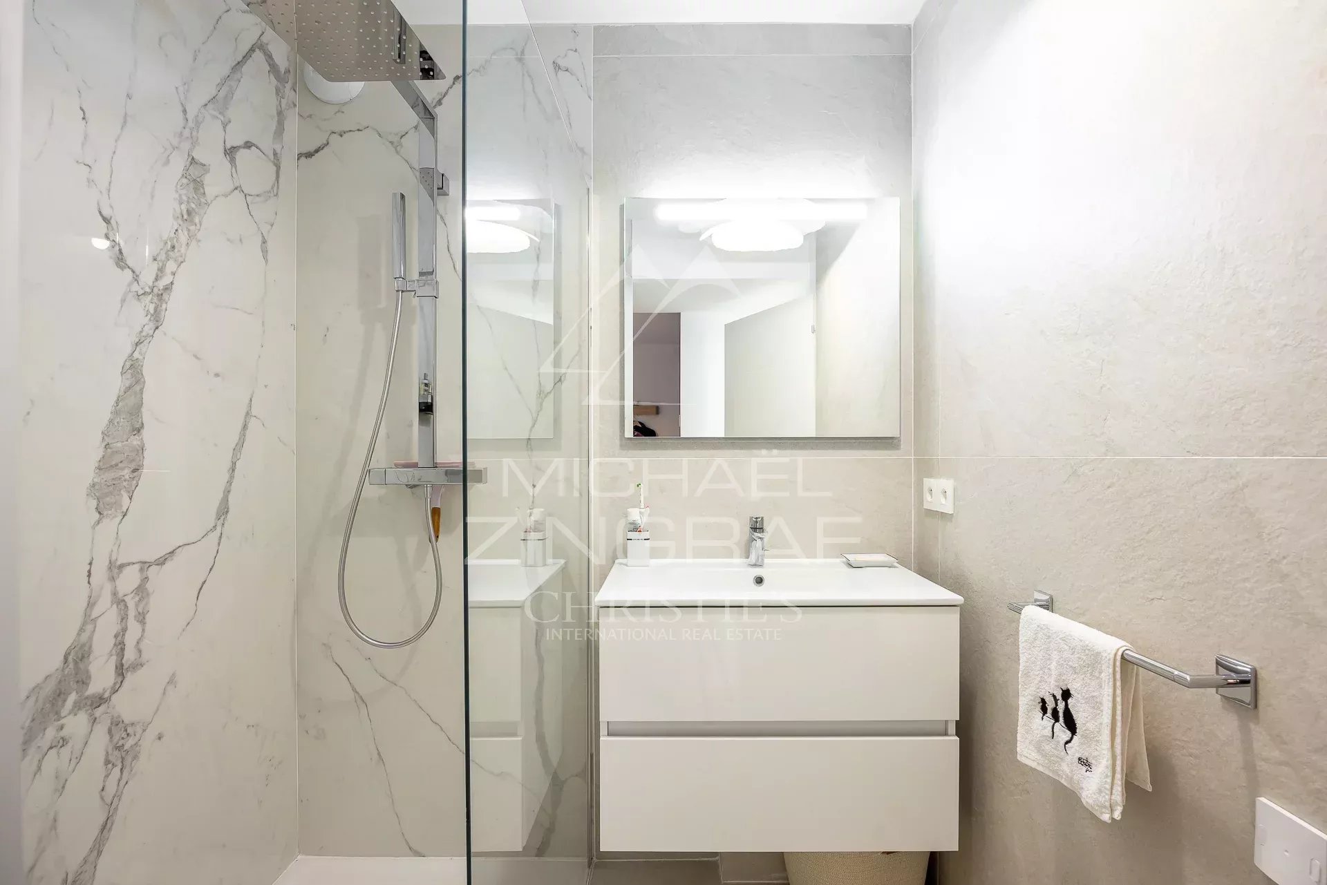 Salle de bain moderne avec douche à l'italienne et meuble vasque.