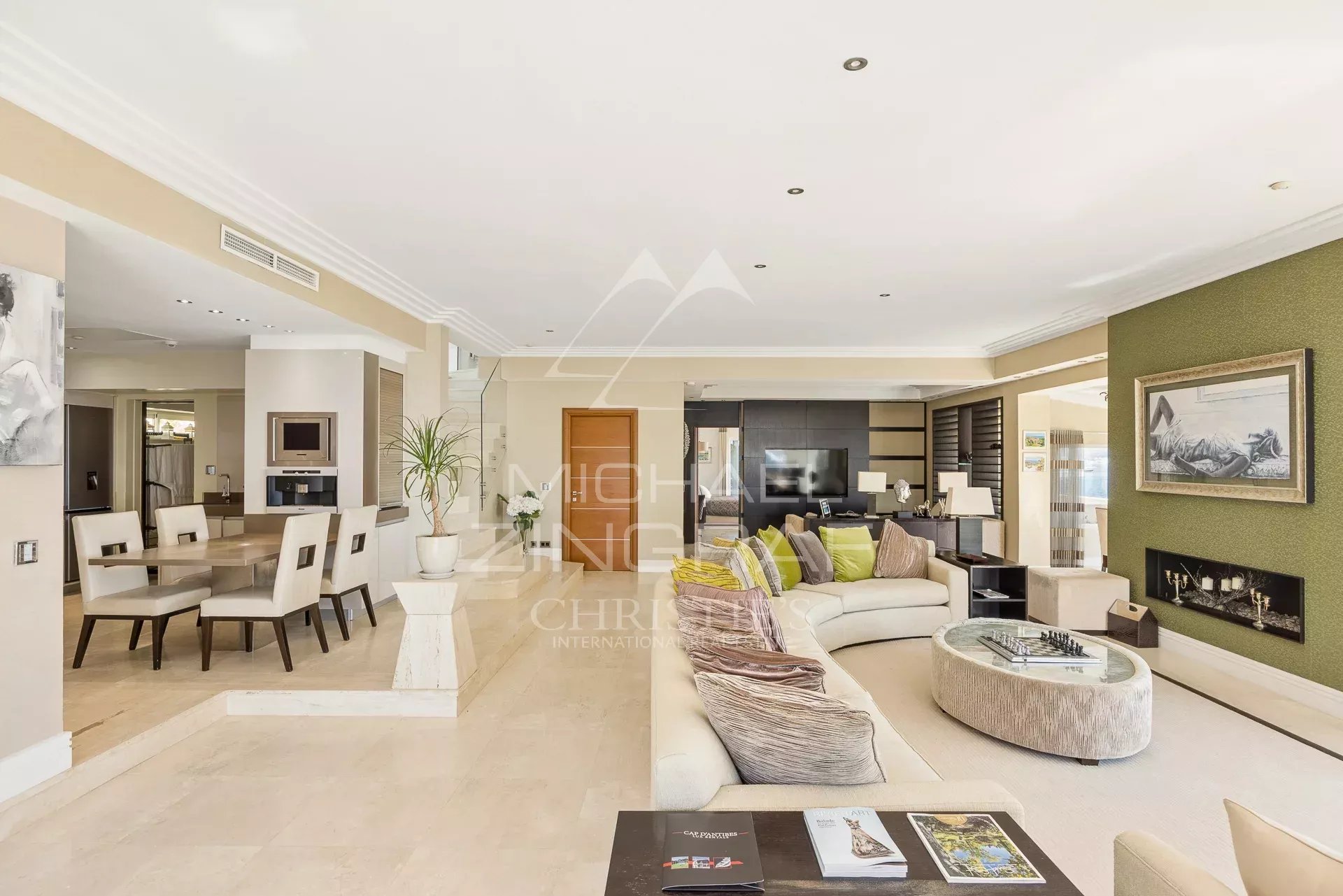 Interior of a villa in Cap d'Antibes Interior of an elegant villa with a spacious living room and modern decor in Cap d'Antibes.