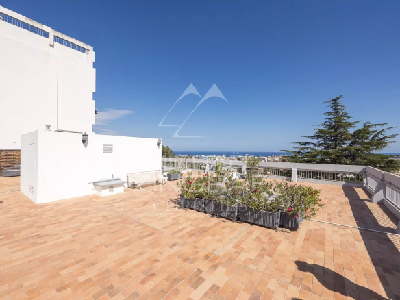 Terrasse spacieuse avec vue mer à Antibes, entourée de plantes et d'un espace aménagé.