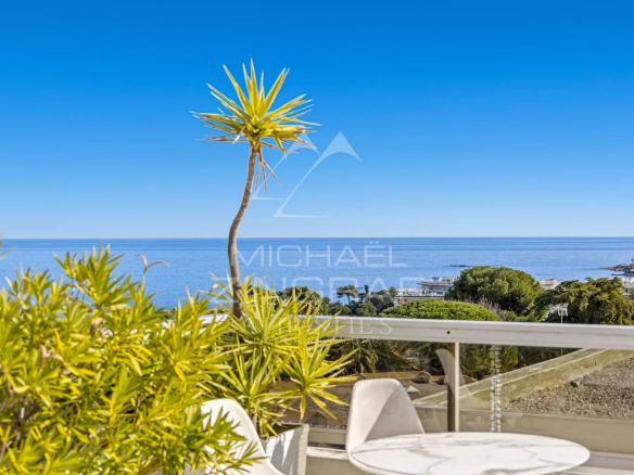 Vue panoramique sur la mer depuis une terrasse avec des plantes à Antibes.