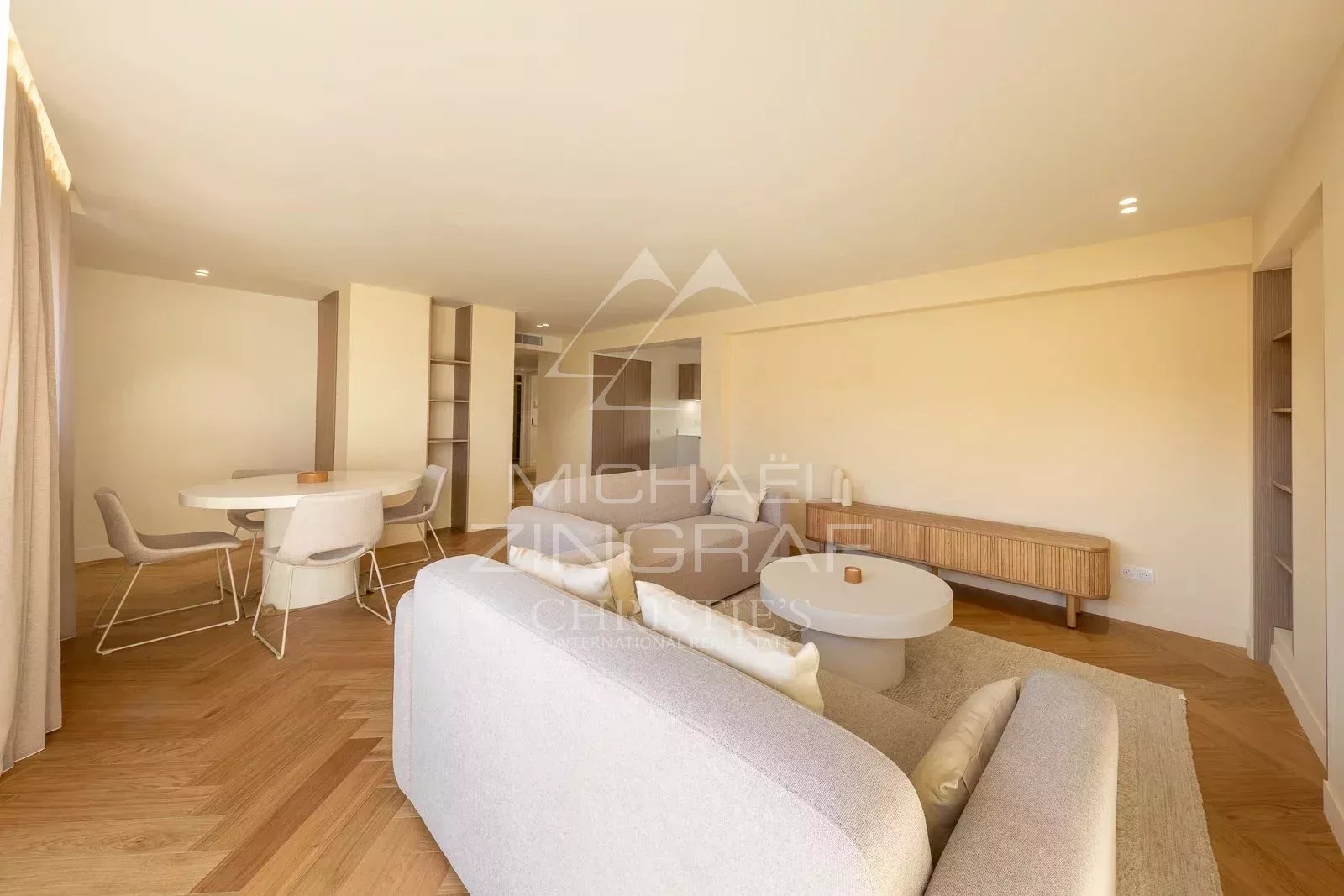 Interior of a modern apartment with living room and dining room, Antibes.