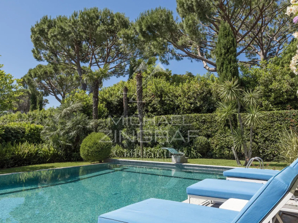 Swimming pool surrounded by greenery in a contemporary villa in Cap d'Antibes.