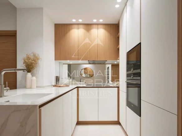 Cuisine moderne et entièrement équipée dans un appartement de luxe à Cannes.