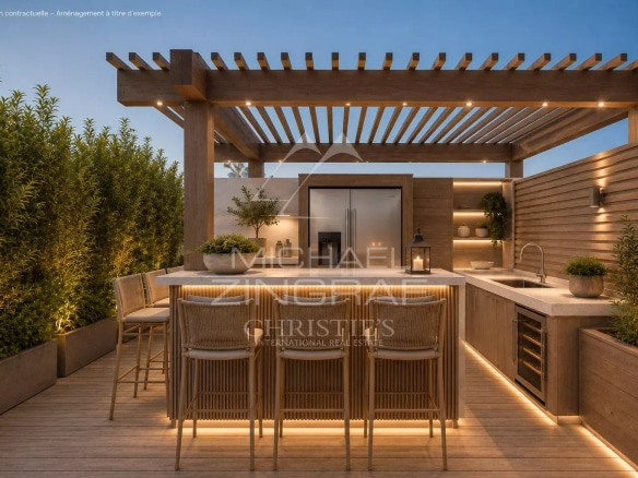 Penthouse terrace with outdoor kitchen and bar, soft lighting, potted plants.