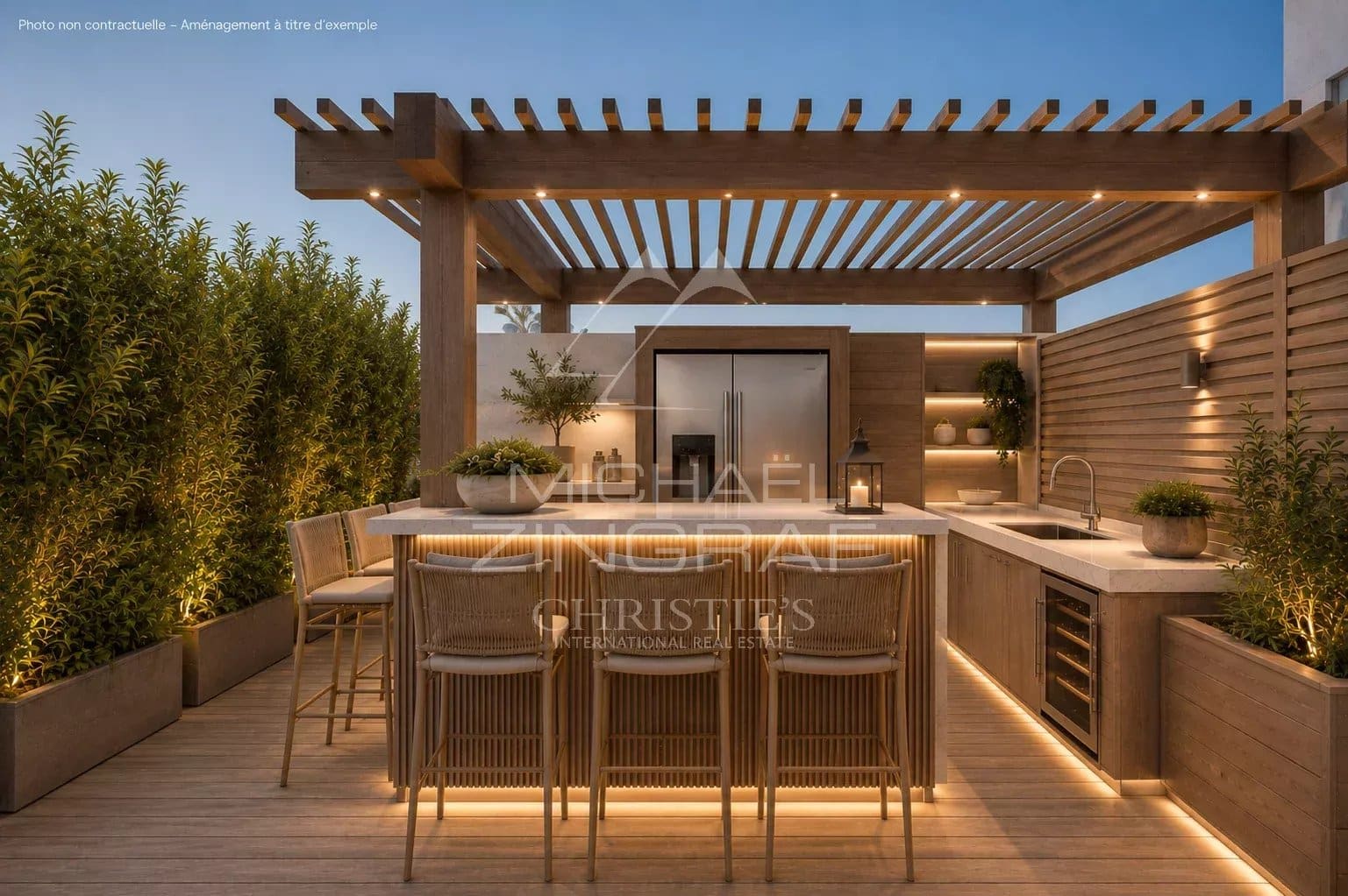 Penthouse terrace with outdoor kitchen and bar, soft lighting, potted plants.
