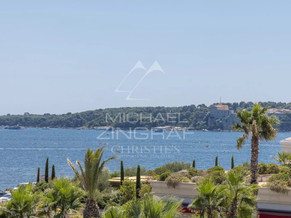 Vue sur la mer depuis une terrasse d'appartement à Cannes, entourée de palmiers.