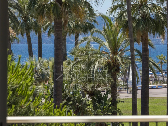 Vue sur la mer et des palmiers depuis une terrasse à Cannes.