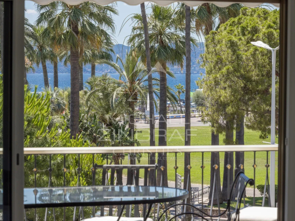View from a terrace with palm trees and the sea in the background in Cannes.