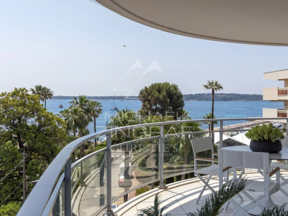 View from an apartment balcony in Cannes, with sea and palm trees in the background.