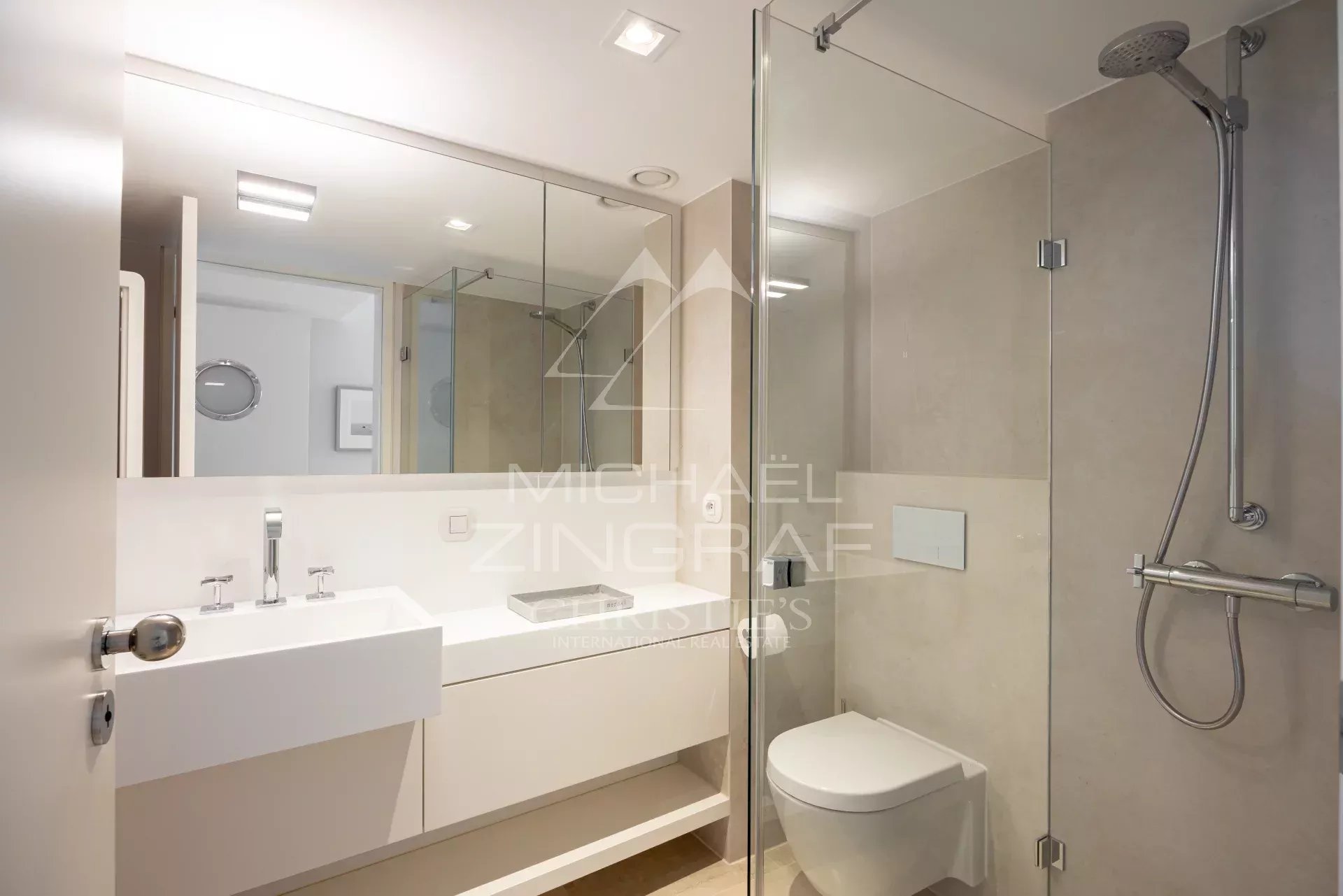 Bathroom of an apartment in Cannes Modern bathroom with shower, sink and toilet in an apartment in Cannes.