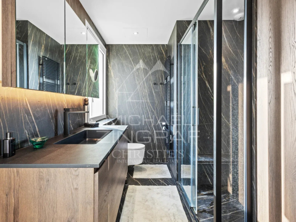 Salle de bain moderne avec douche et lavabo en marbre noir